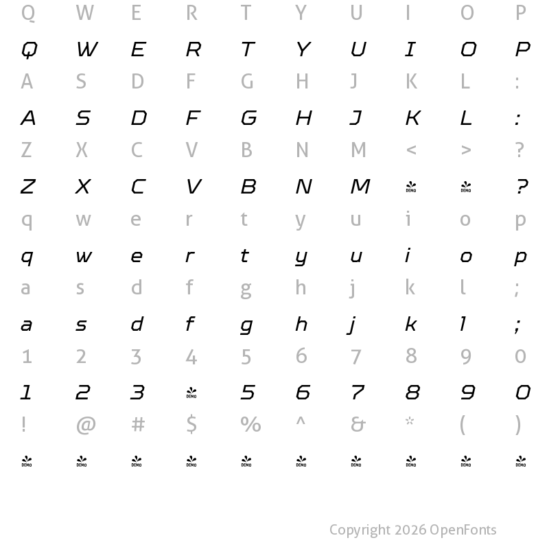 Character Map of FONTSPRING DEMO - TT Octosquares Italic