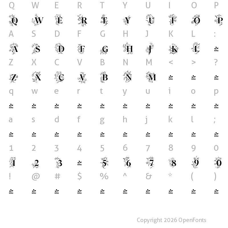 Character Map of FONTSPRING DEMO - TT Ramillas Initials Bold