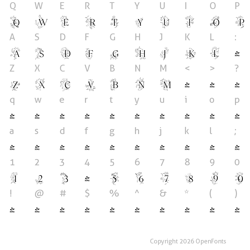 Character Map of FONTSPRING DEMO - TT Ramillas Initials Light Regular