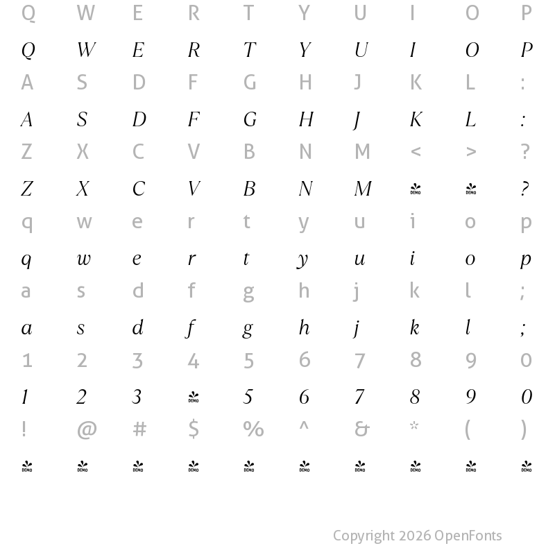 Character Map of FONTSPRING DEMO - TT Ramillas Light Italic