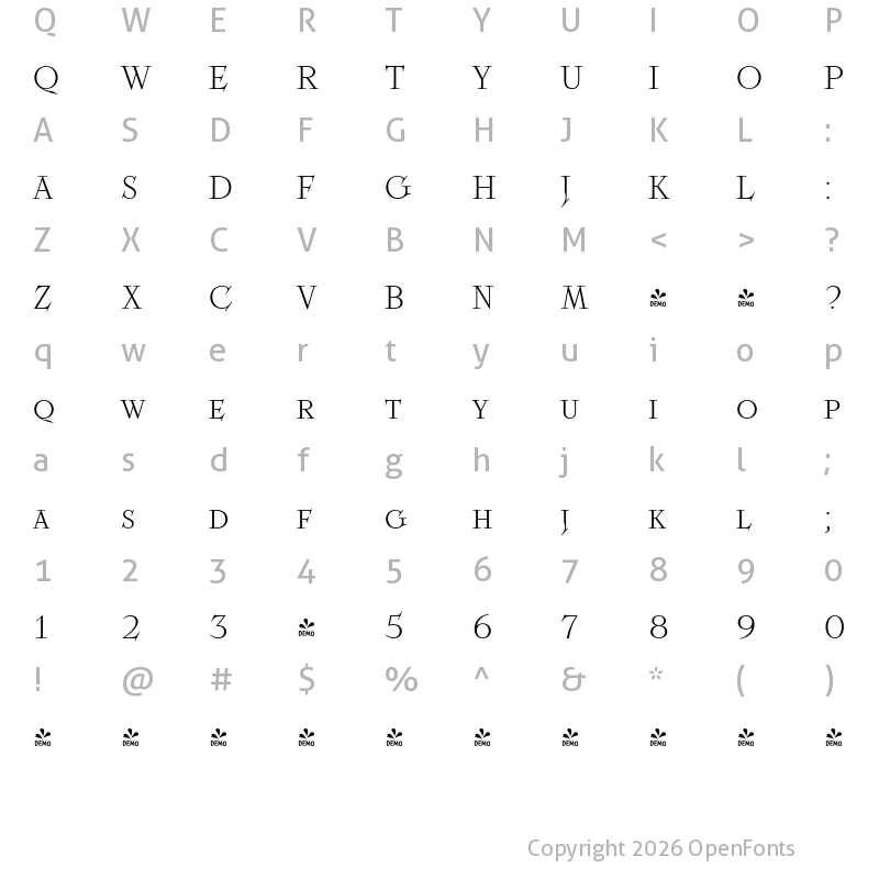 Character Map of FONTSPRING DEMO - TT Ricordi Fulmini Regular