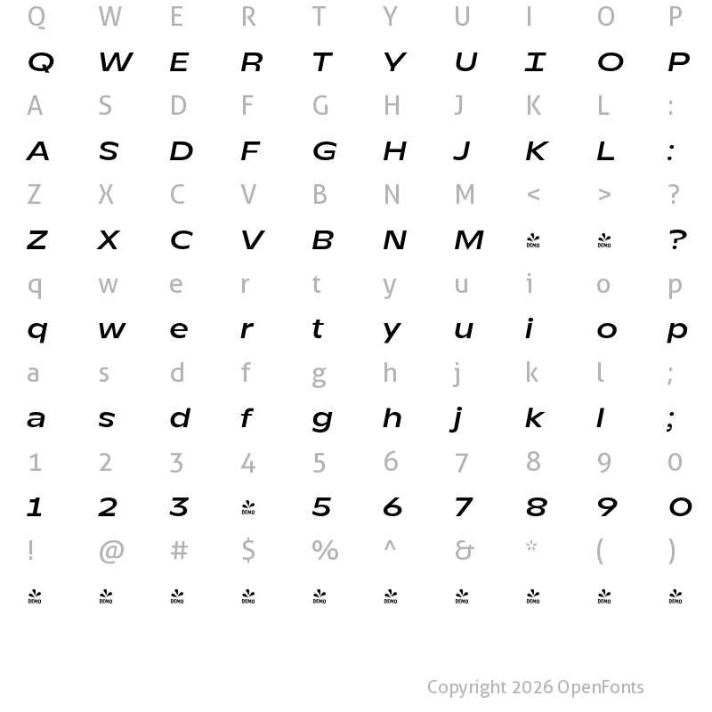 Character Map of FONTSPRING DEMO - TT Runs DemiBold Italic