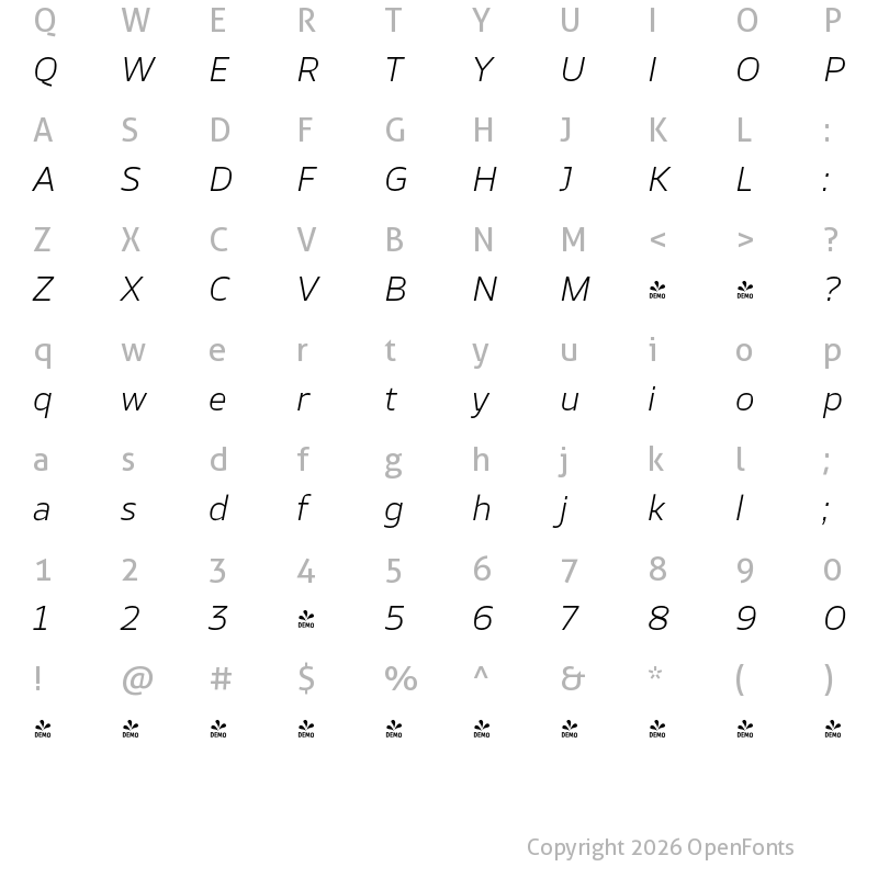 Character Map of FONTSPRING DEMO - TT Severs Light Italic