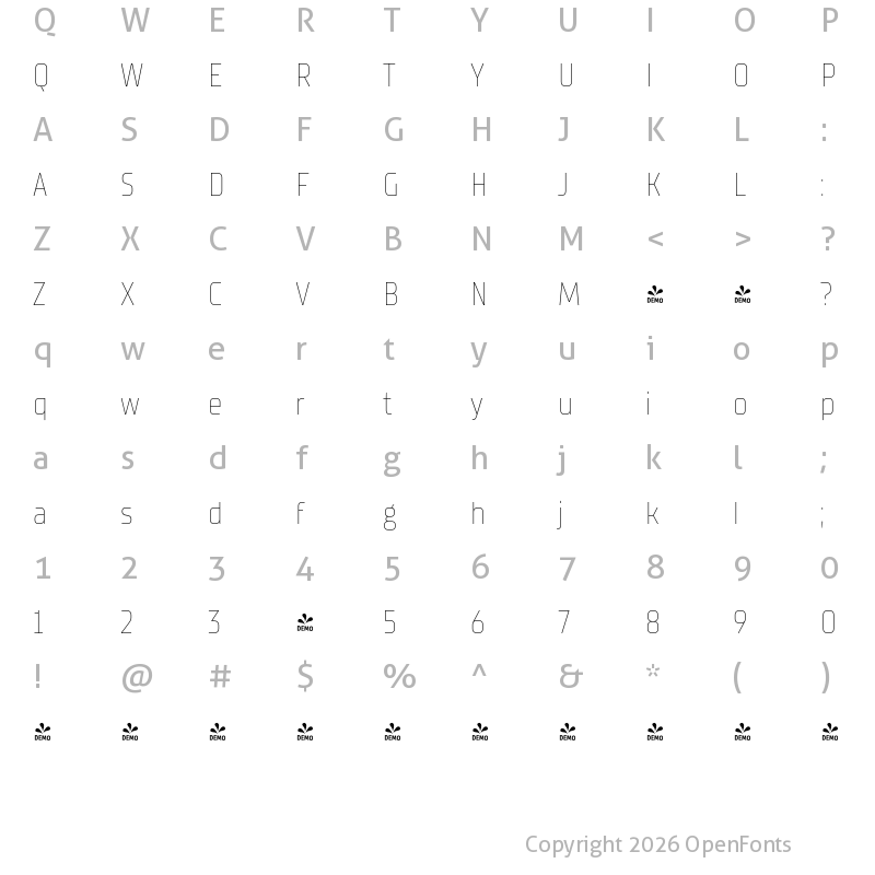 Character Map of FONTSPRING DEMO - TT Supermolot Neue Cond Thin Regular