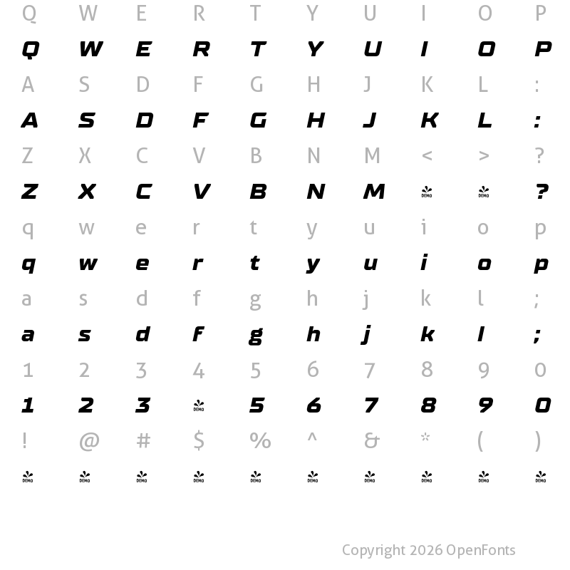 Character Map of FONTSPRING DEMO - TT Supermolot Neue Exp ExBold Italic