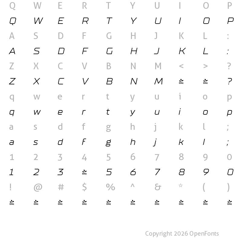Character Map of FONTSPRING DEMO - TT Supermolot Neue Exp Italic