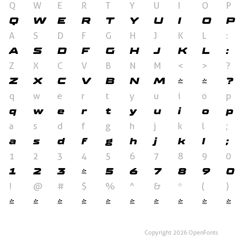 Character Map of FONTSPRING DEMO - TT Supermolot Neue Ext Black Italic