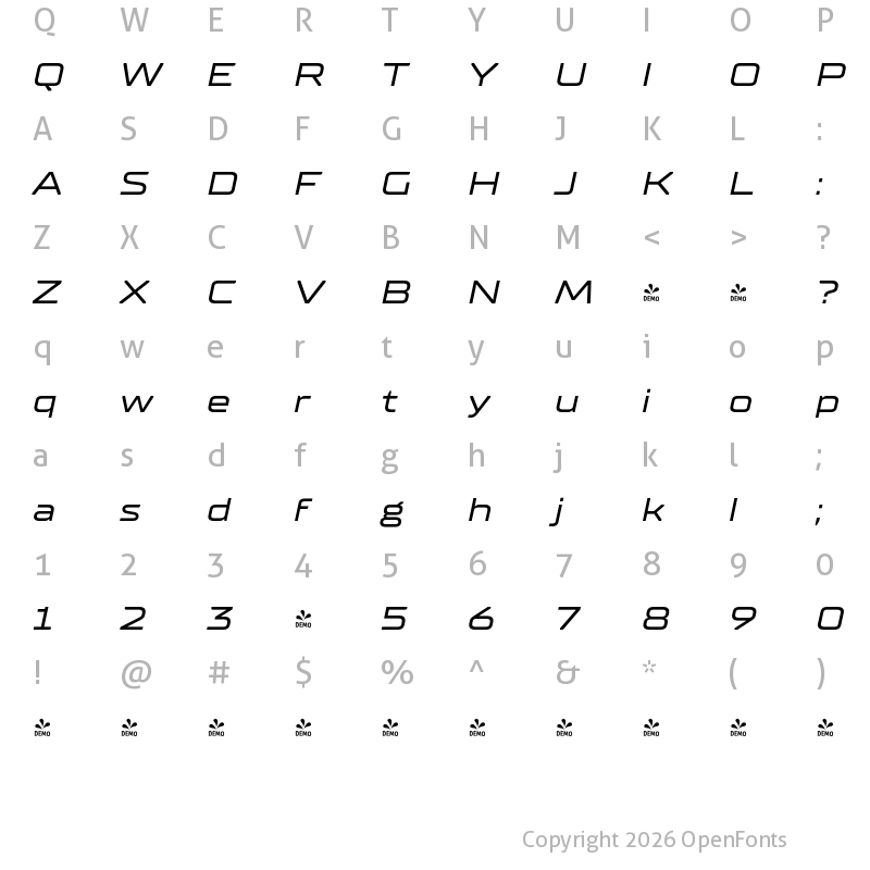 Character Map of FONTSPRING DEMO - TT Supermolot Neue Ext Medium Italic