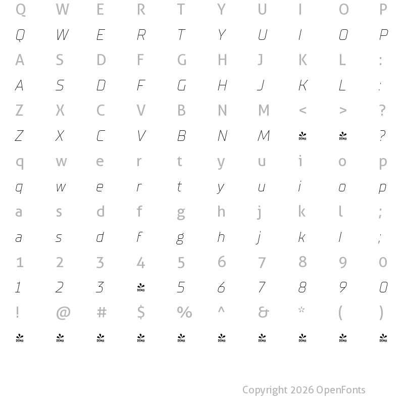 Character Map of FONTSPRING DEMO - TT Supermolot Neue ExtraLight Italic