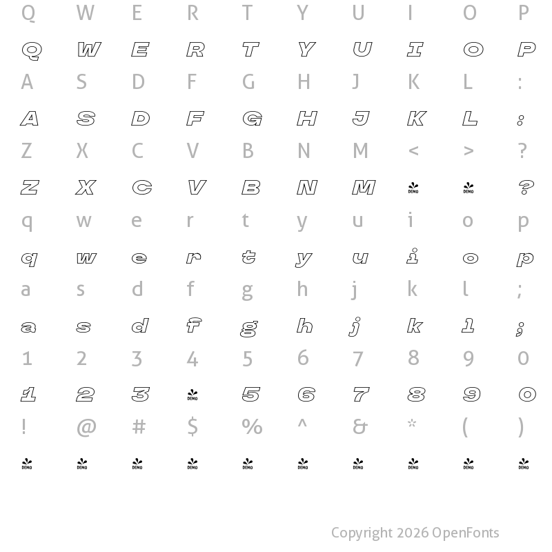 Character Map of FONTSPRING DEMO - TT Travels Next Black Outline Italic