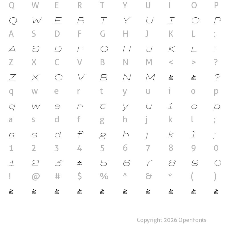 Character Map of FONTSPRING DEMO - TT Travels Next ExtraLight Italic