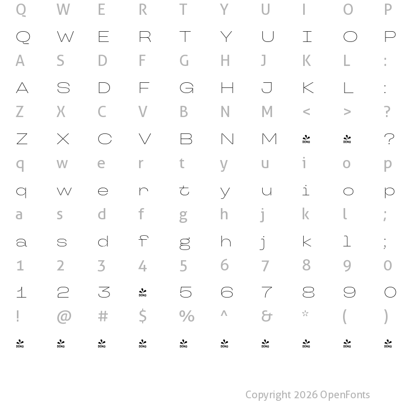 Character Map of FONTSPRING DEMO - TT Travels Next ExtraLight Regular