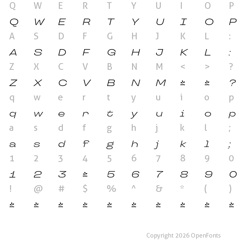 Character Map of FONTSPRING DEMO - TT Travels Next Italic
