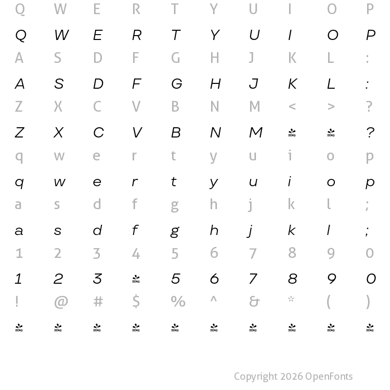 Character Map of FONTSPRING DEMO - TT Travels Text Italic