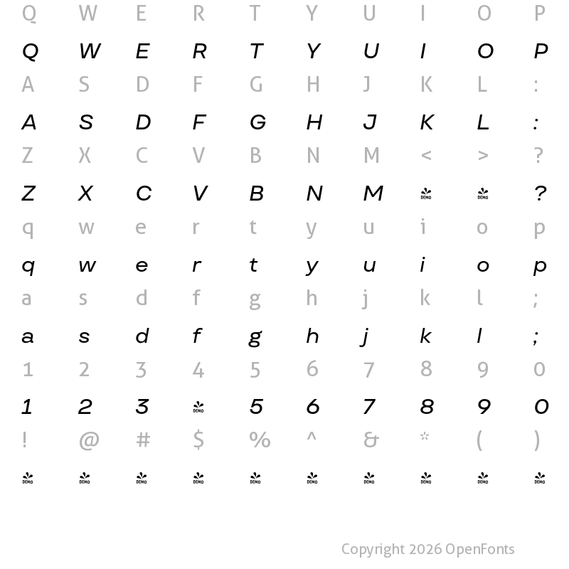 Character Map of FONTSPRING DEMO - TT Travels Text Medium Italic