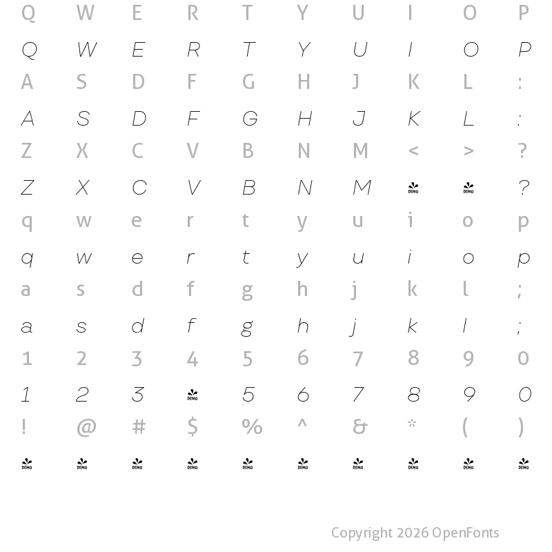 Character Map of FONTSPRING DEMO - TT Travels Text Thin Italic