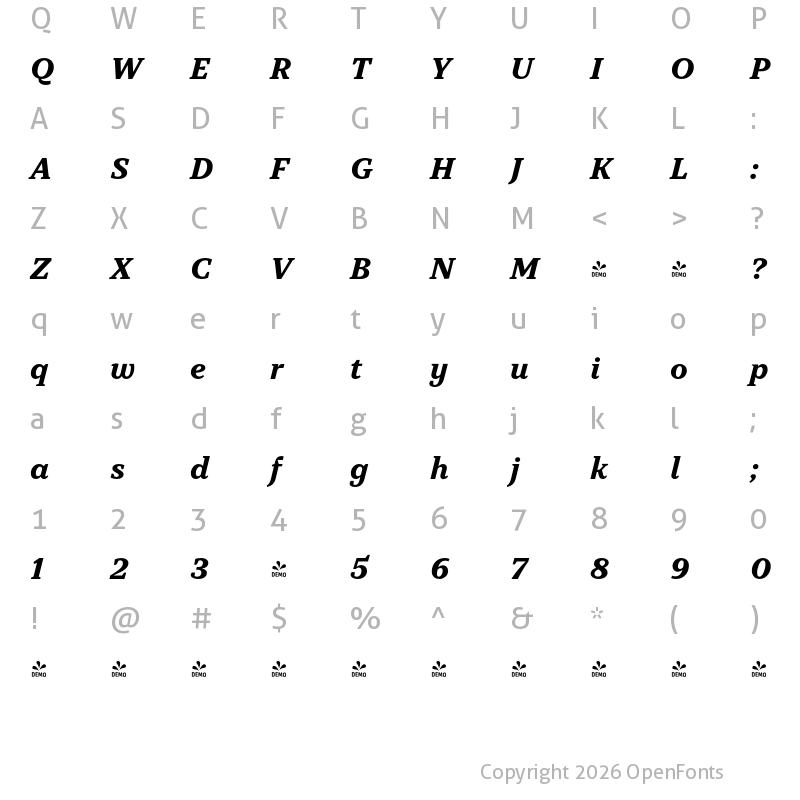 Character Map of FONTSPRING DEMO - TT Tricks Bold Italic
