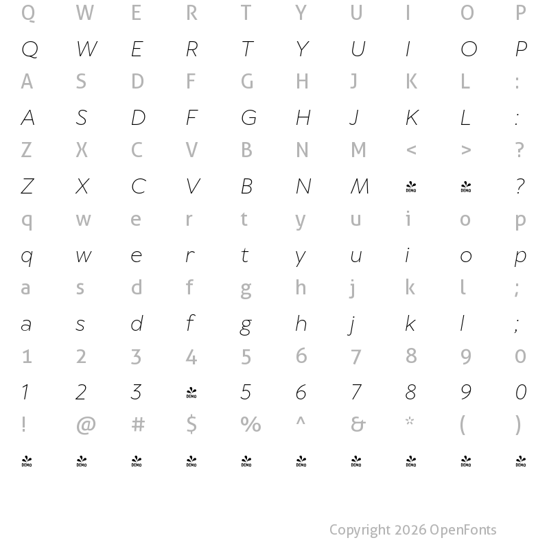 Character Map of FONTSPRING DEMO - TT Wellingtons Light Italic