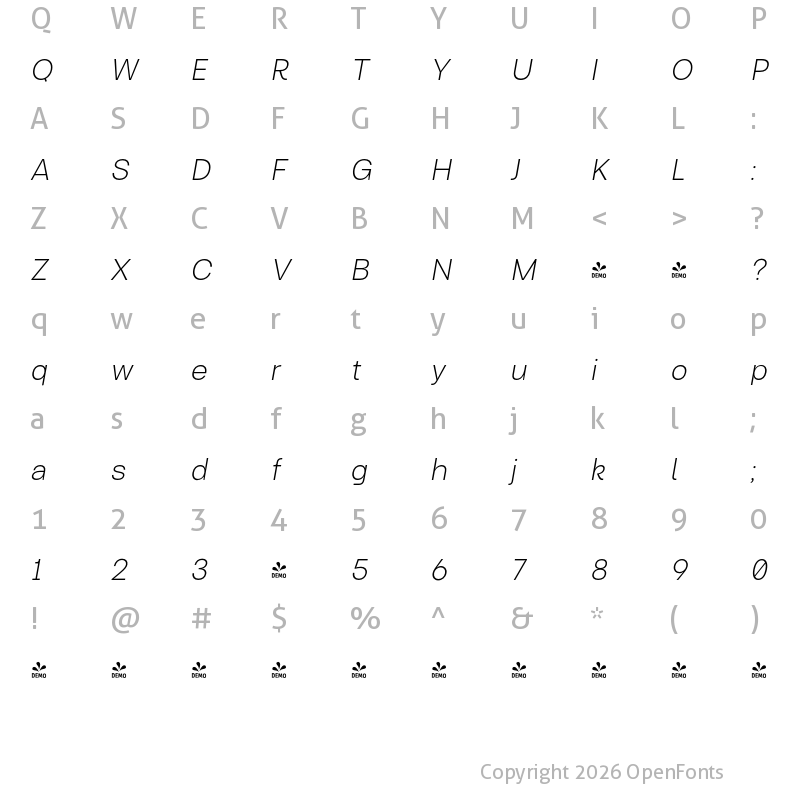 Character Map of FONTSPRING DEMO - Turnkey Extra Light Italic Regular