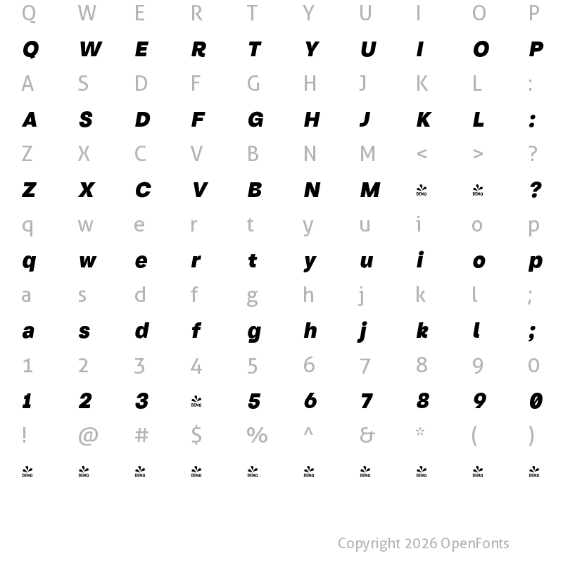 Character Map of FONTSPRING DEMO - Turnkey Heavy Italic Regular