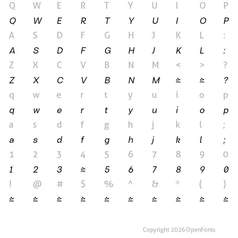 Character Map of FONTSPRING DEMO - Turnkey Italic Regular