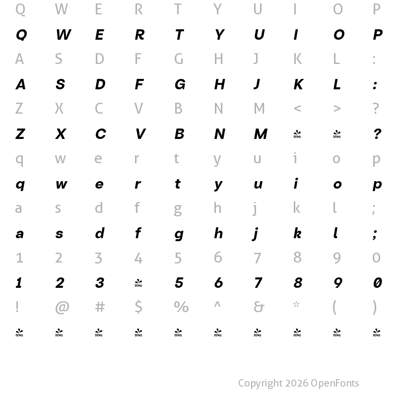 Character Map of FONTSPRING DEMO - Turnkey Soft Bold Italic Regular