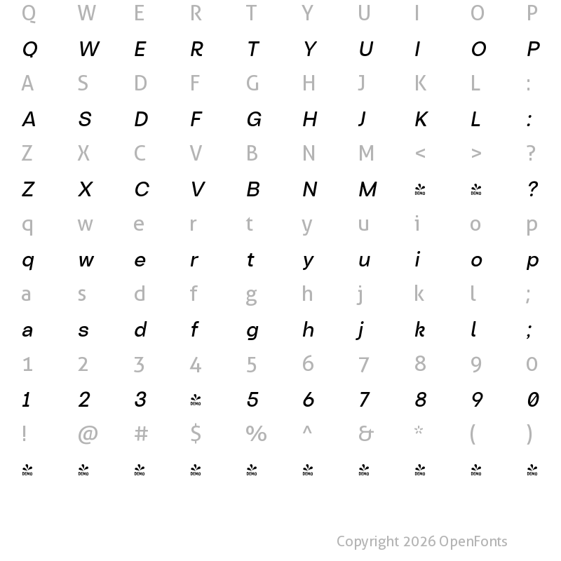 Character Map of FONTSPRING DEMO - Turnkey Soft Medium Italic Regular