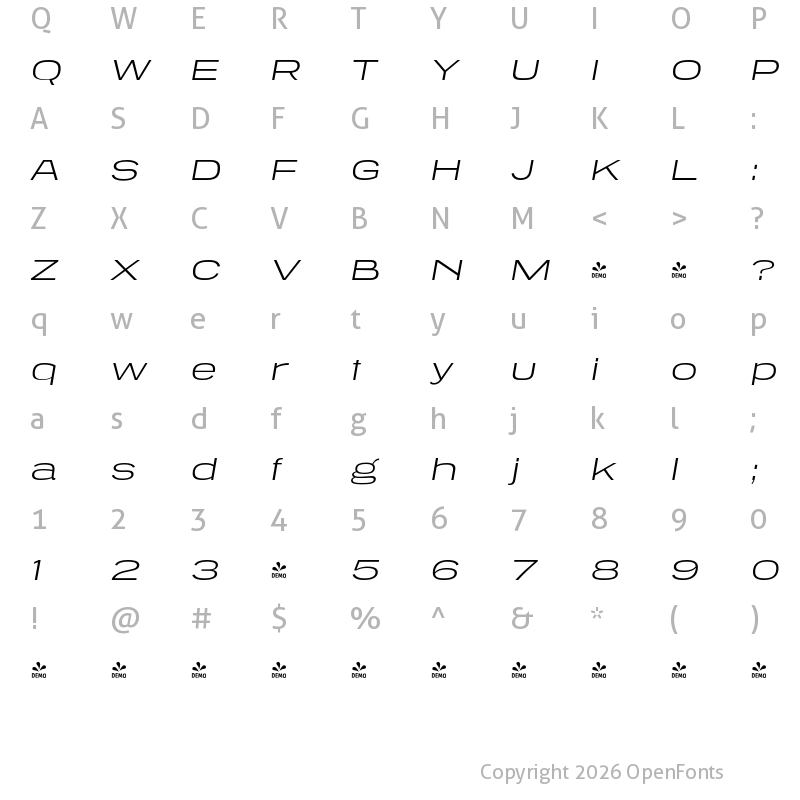 Character Map of FONTSPRING DEMO - Tussilago Lt Italic