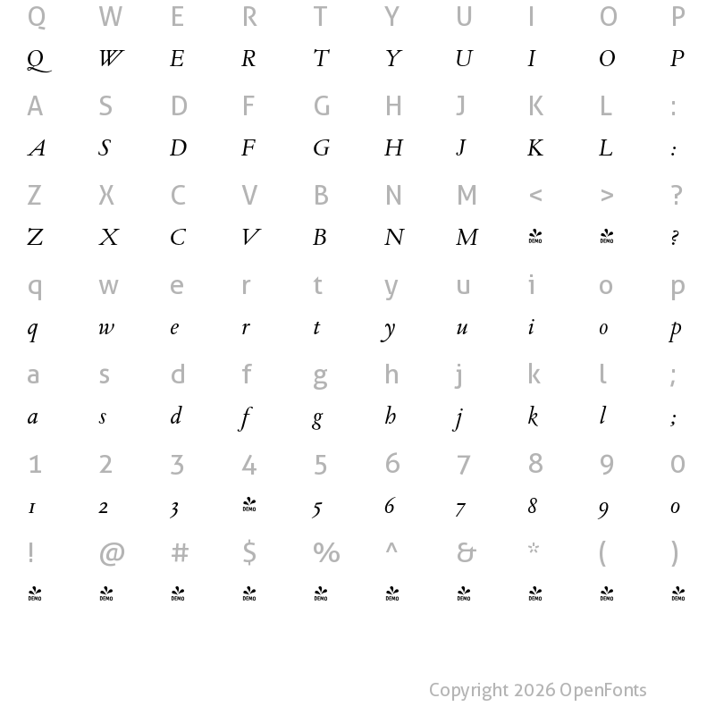 Character Map of FONTSPRING DEMO - TWT Pavane Italic
