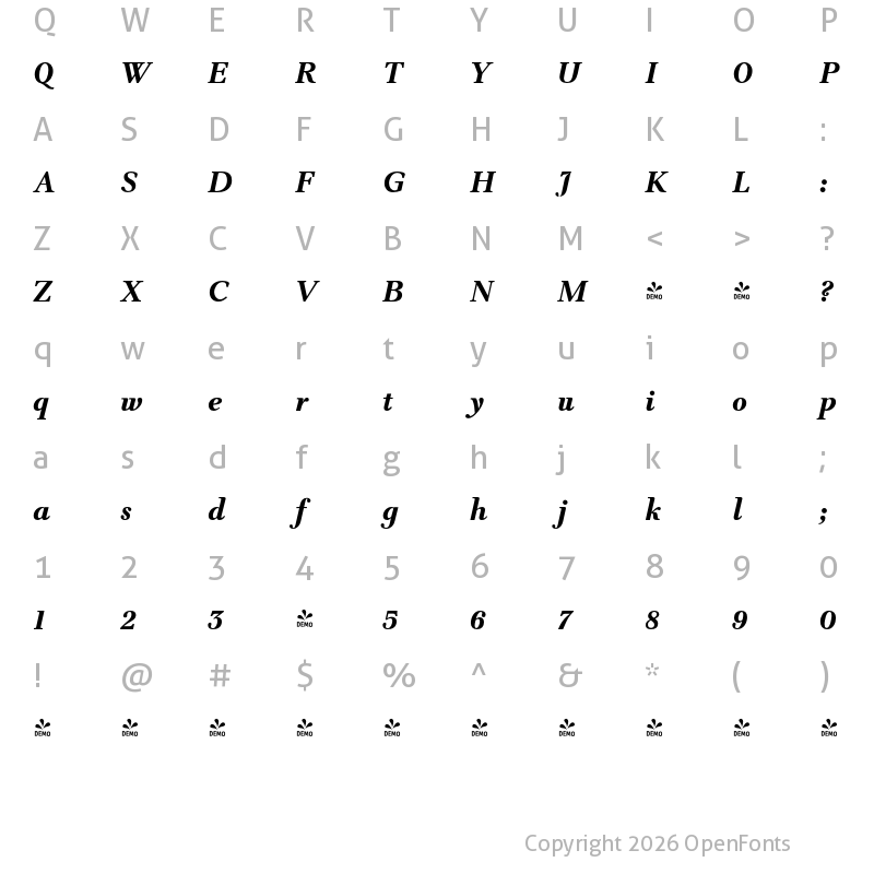 Character Map of FONTSPRING DEMO - TWT Prospero Bold Italic