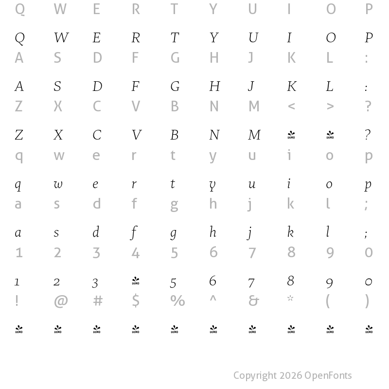 Character Map of FONTSPRING DEMO - Uffizi ExtraLight It Regular
