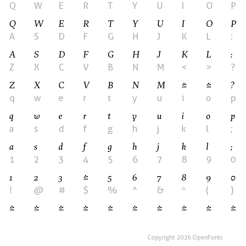 Character Map of FONTSPRING DEMO - Uffizi It Regular