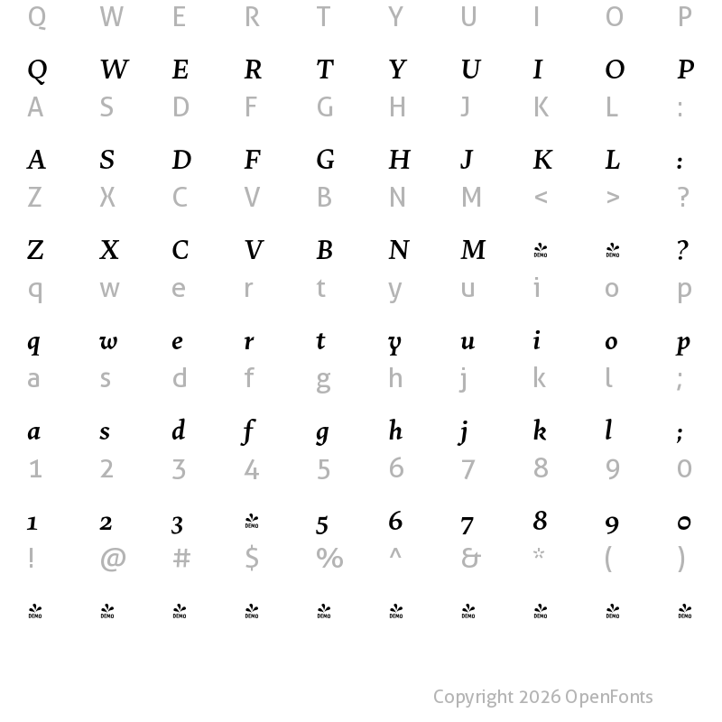 Character Map of FONTSPRING DEMO - Uffizi SemiBold It Regular