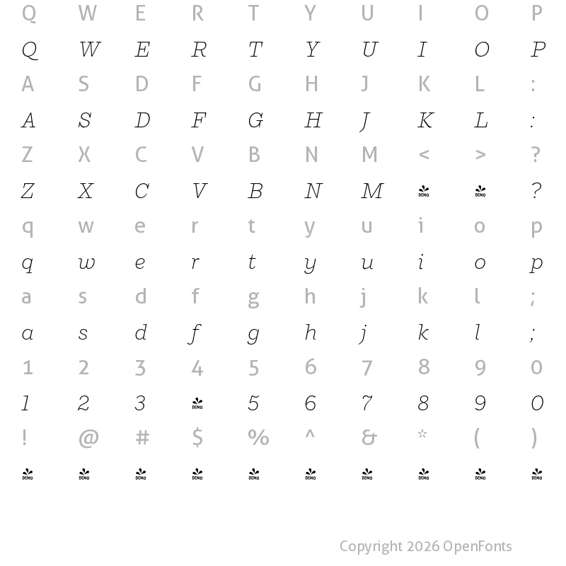 Character Map of FONTSPRING DEMO - Ulises Extra Light Italic Regular