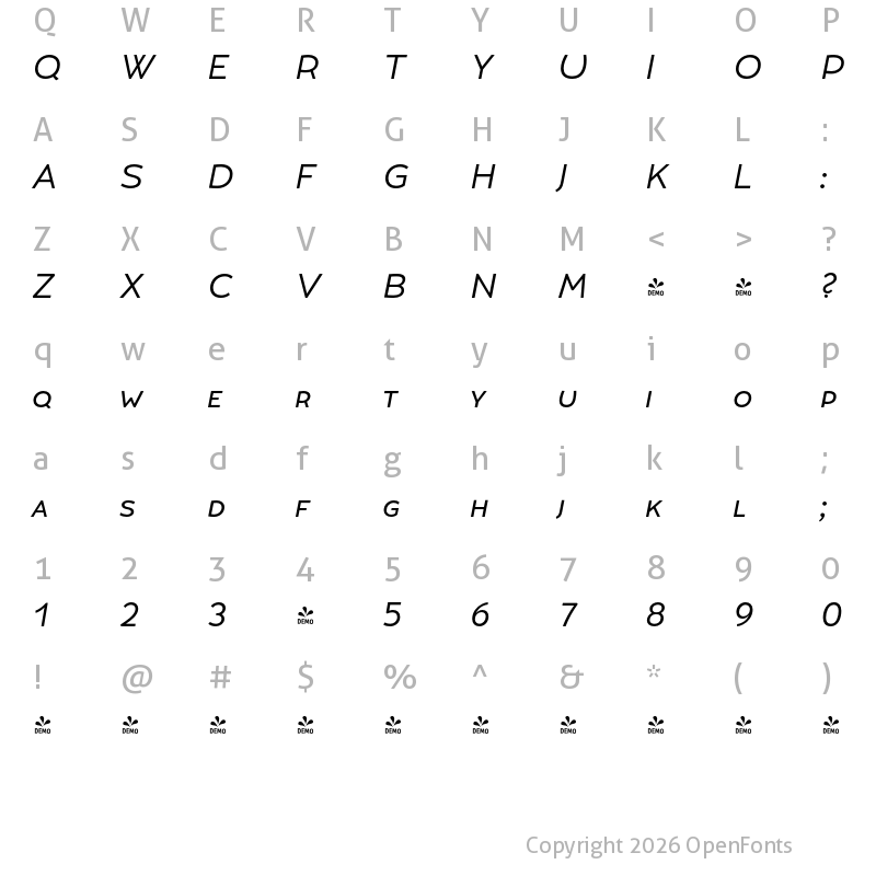 Character Map of FONTSPRING DEMO - Umba Sans SC Italic