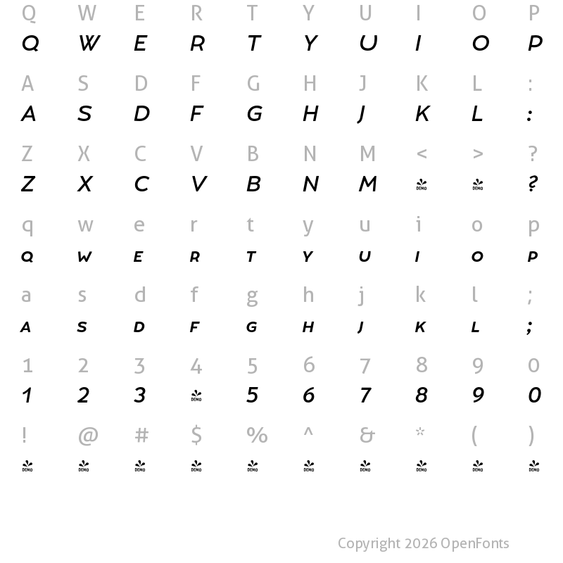 Character Map of FONTSPRING DEMO - Umba Sans SC Medium Italic