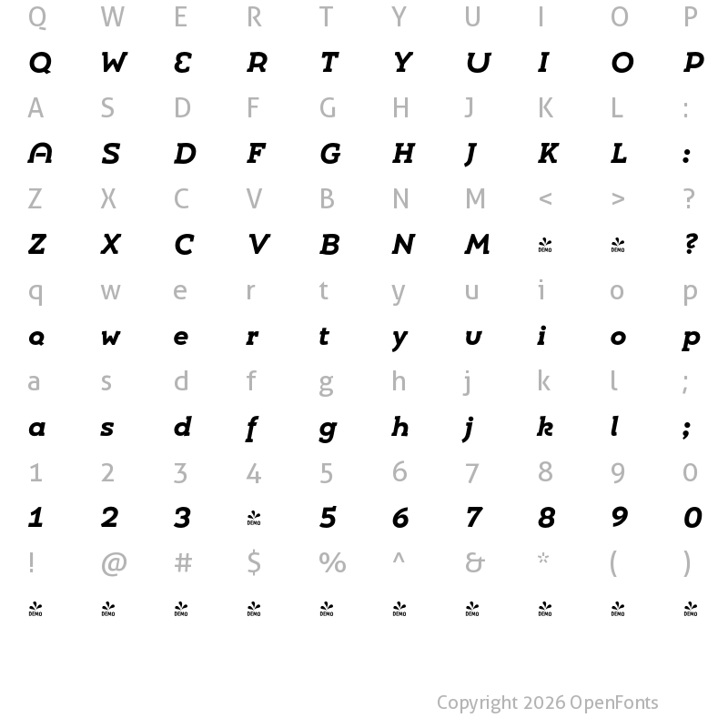 Character Map of FONTSPRING DEMO - Umba Slab Alt Bold Italic