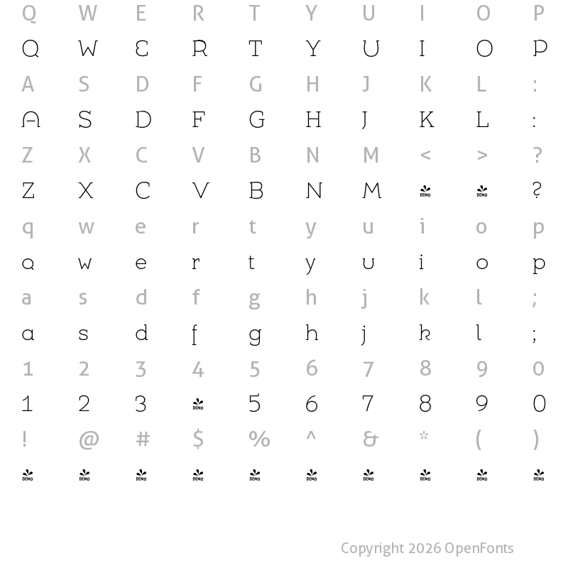 Character Map of FONTSPRING DEMO - Umba Slab Alt Thin Regular