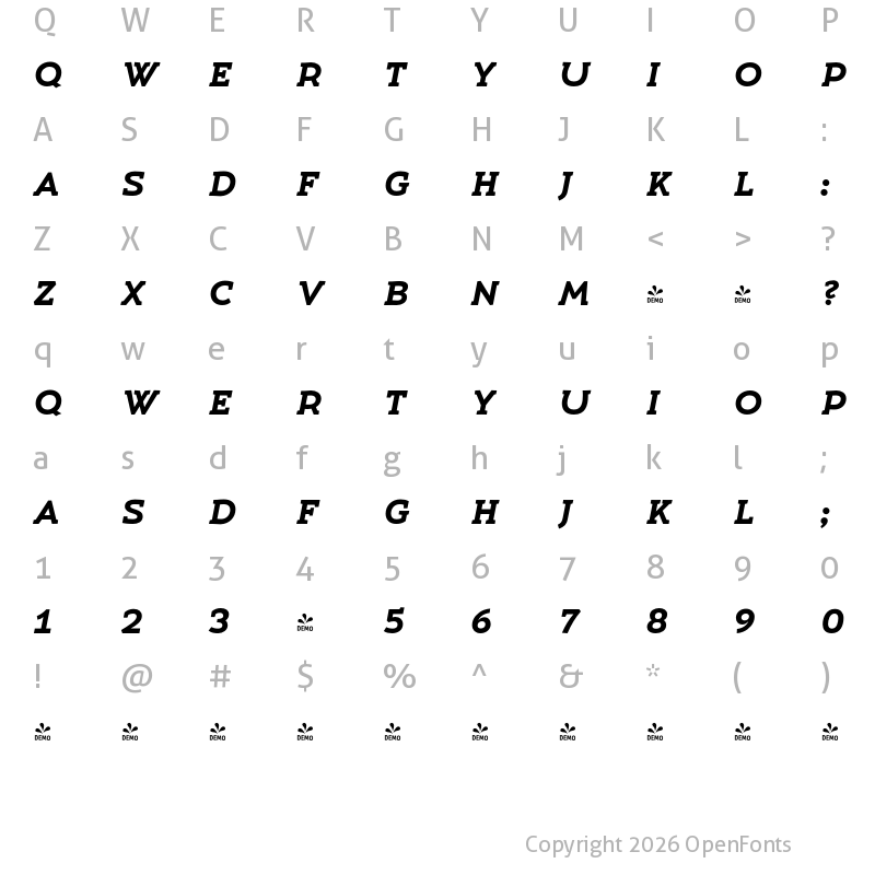 Character Map of FONTSPRING DEMO - Umba Slab Caps Bold Italic