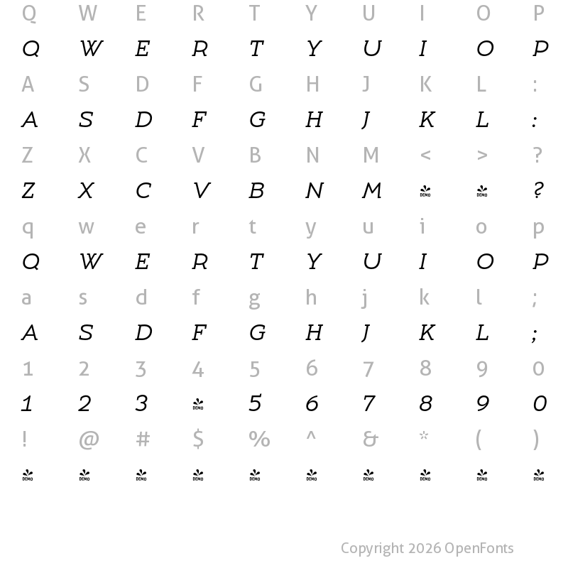 Character Map of FONTSPRING DEMO - Umba Slab Caps Italic