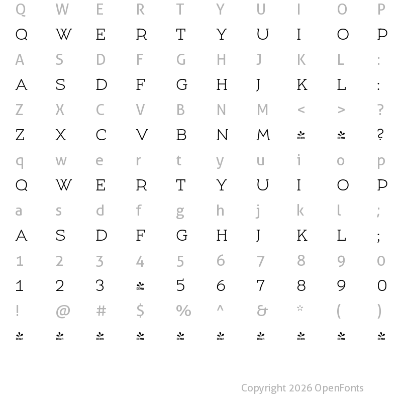 Character Map of FONTSPRING DEMO - Umba Slab Caps Light Regular