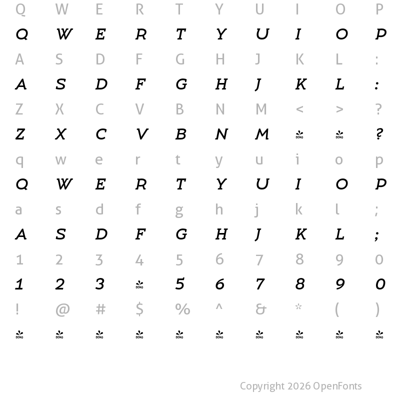 Character Map of FONTSPRING DEMO - Umba Slab Caps Medium Italic