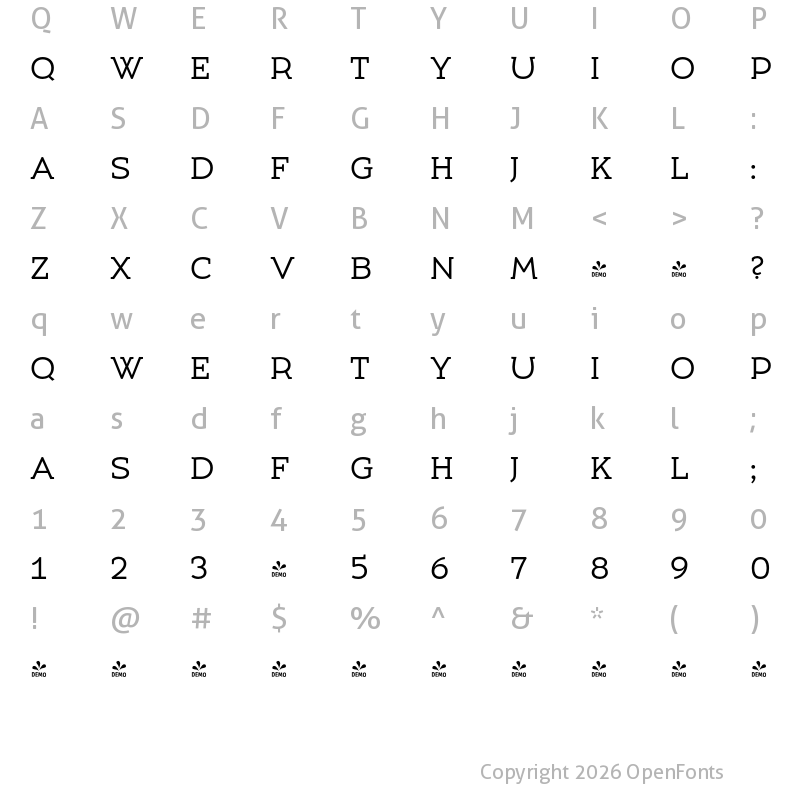 Character Map of FONTSPRING DEMO - Umba Slab Caps Regular