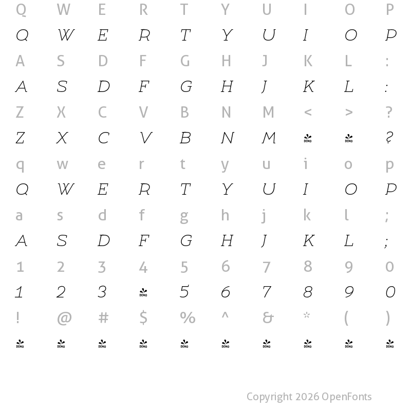 Character Map of FONTSPRING DEMO - Umba Slab Caps Thin Italic