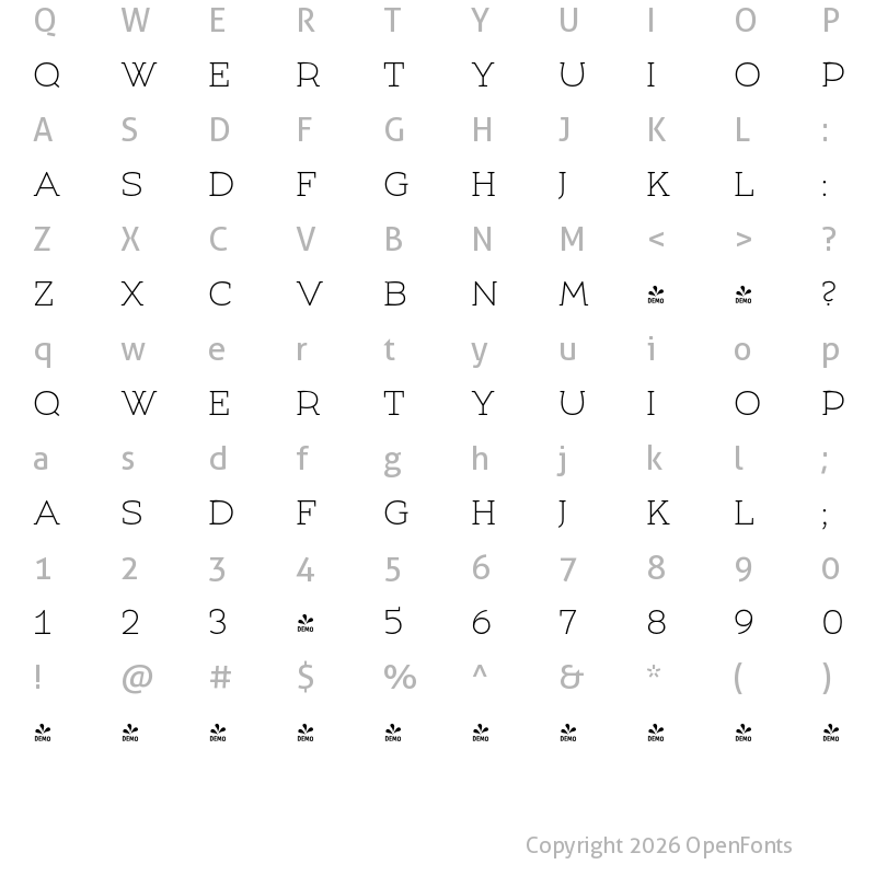 Character Map of FONTSPRING DEMO - Umba Slab Caps Thin Regular