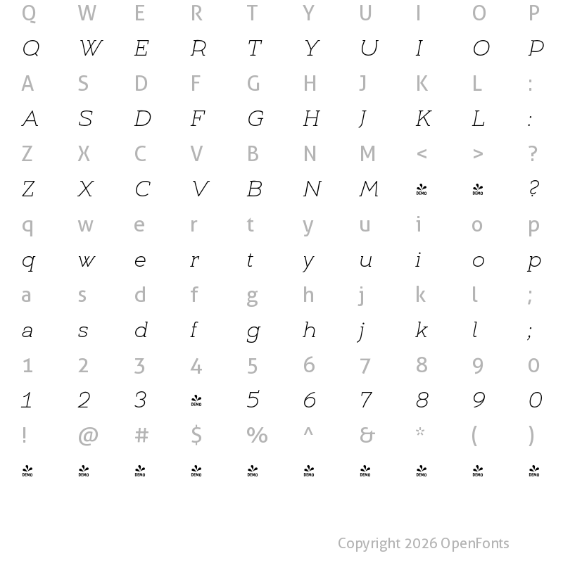 Character Map of FONTSPRING DEMO - Umba Slab Thin Italic