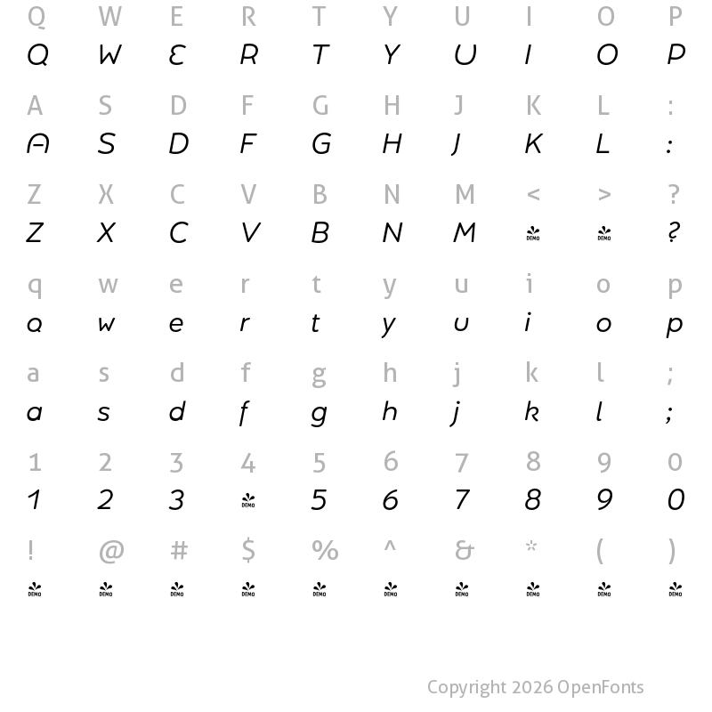 Character Map of FONTSPRING DEMO - Umba Soft Alt Italic