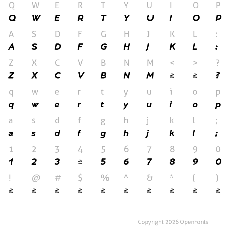 Character Map of FONTSPRING DEMO - Umba Soft Bold Italic