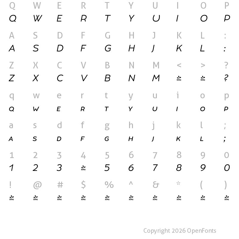 Character Map of FONTSPRING DEMO - Umba Soft SC Italic