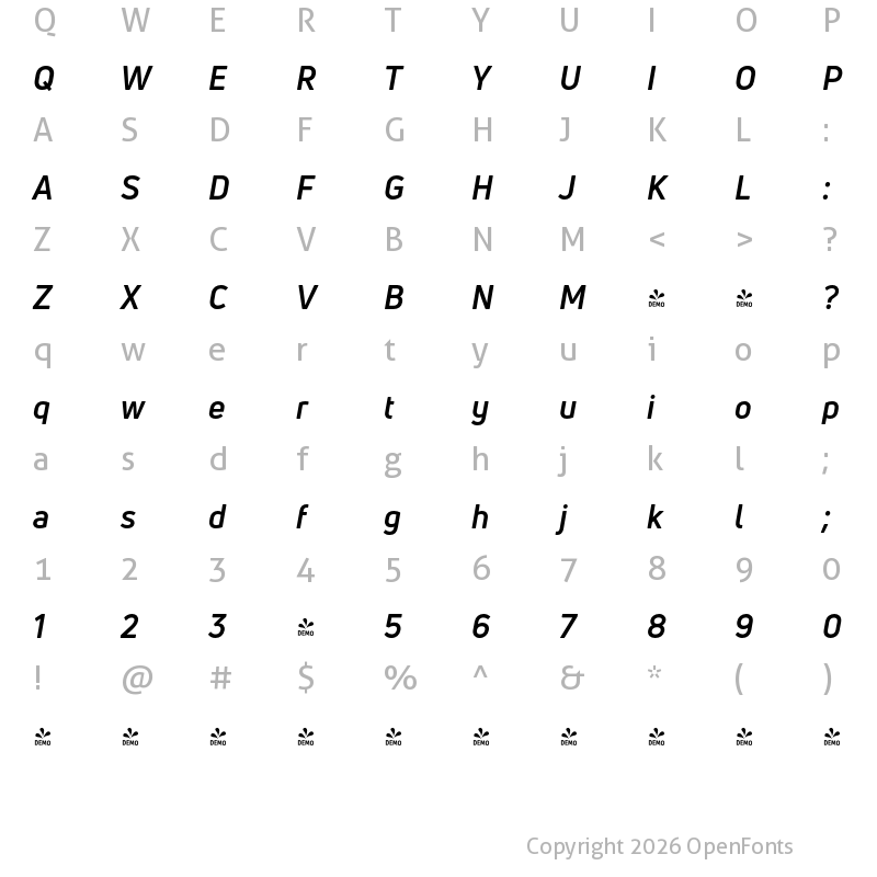 Character Map of FONTSPRING DEMO - Uni Neue Bold Italic